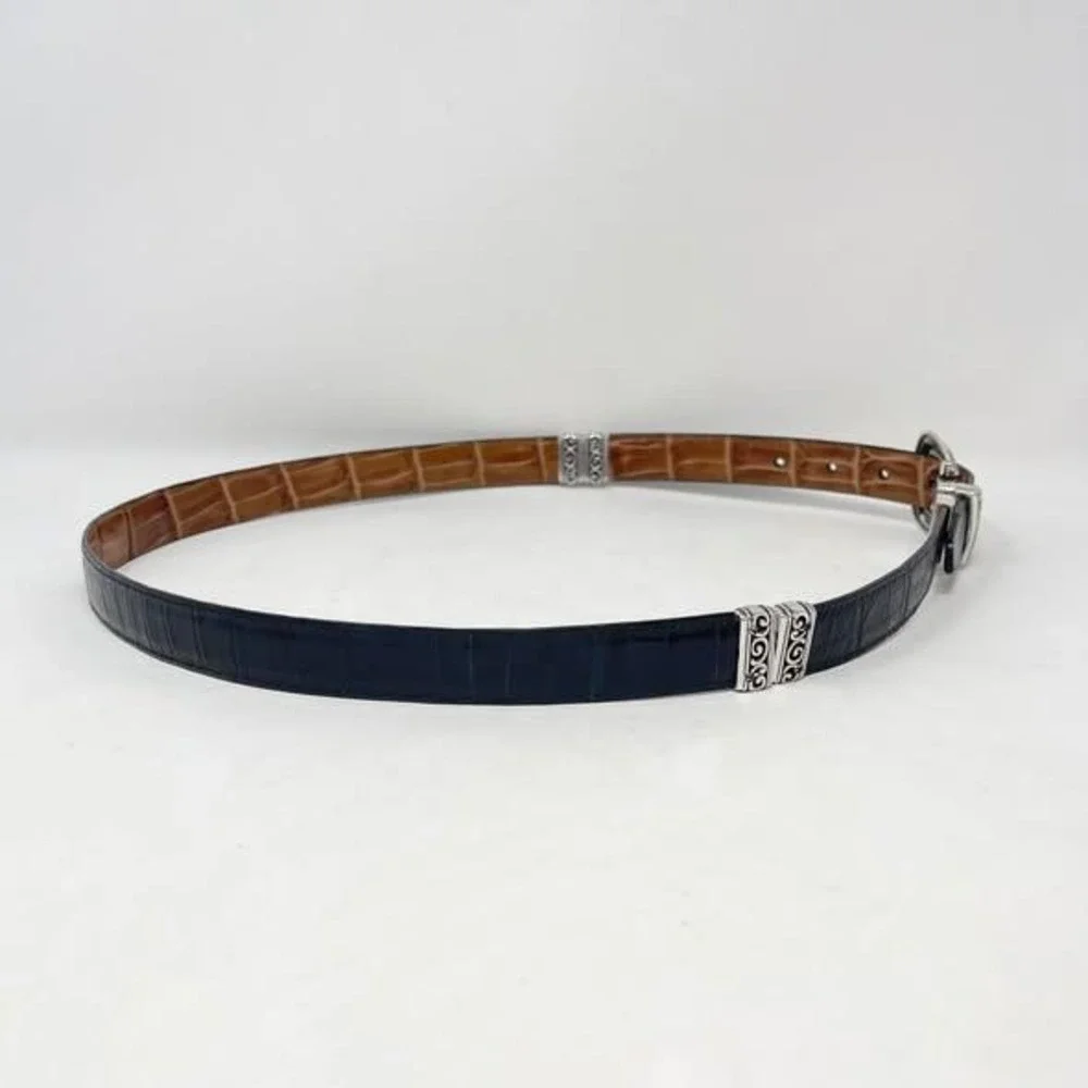 Brighton Reversible Leather Belt Wms 36 Navy Blue Brown Croc Embossed Silver